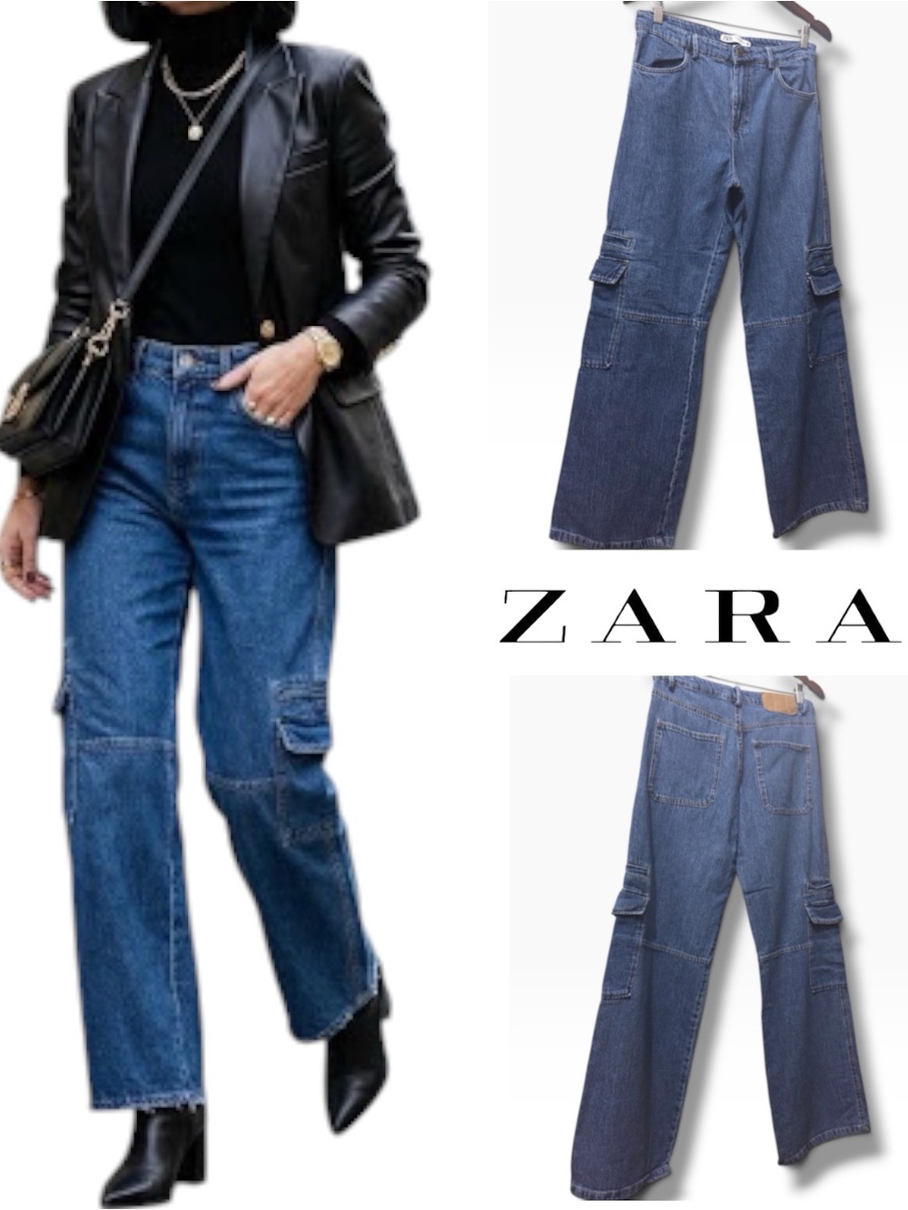 ZARA | NWOT Vintage Morocco Medium Wash Blue Wide-Leg Denim Cargo Jeans (sz 28)